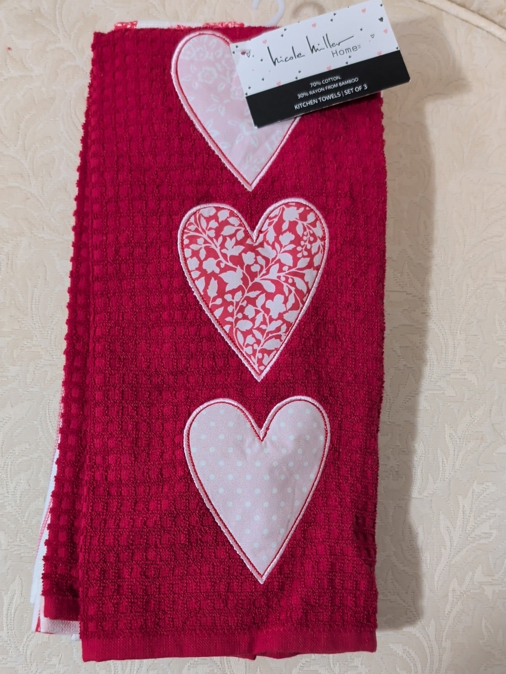 Nicole Miller Red and Pink Heart Appliqué Kitchen Towel